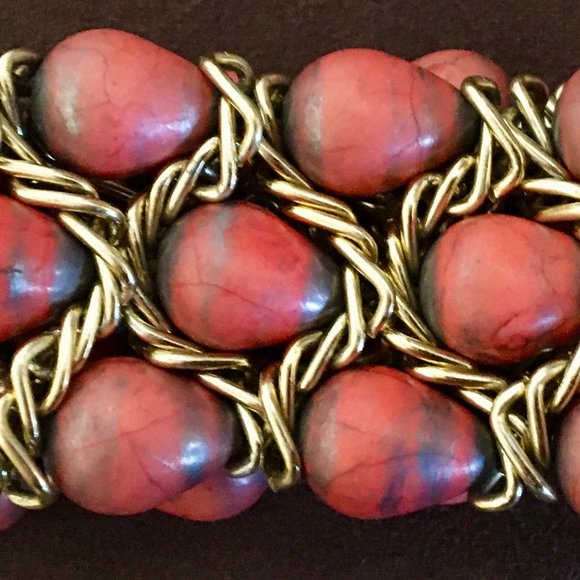 Bracelet Vintage Retro Gold Chain Orange Tear Drop - Picture 2 of 10